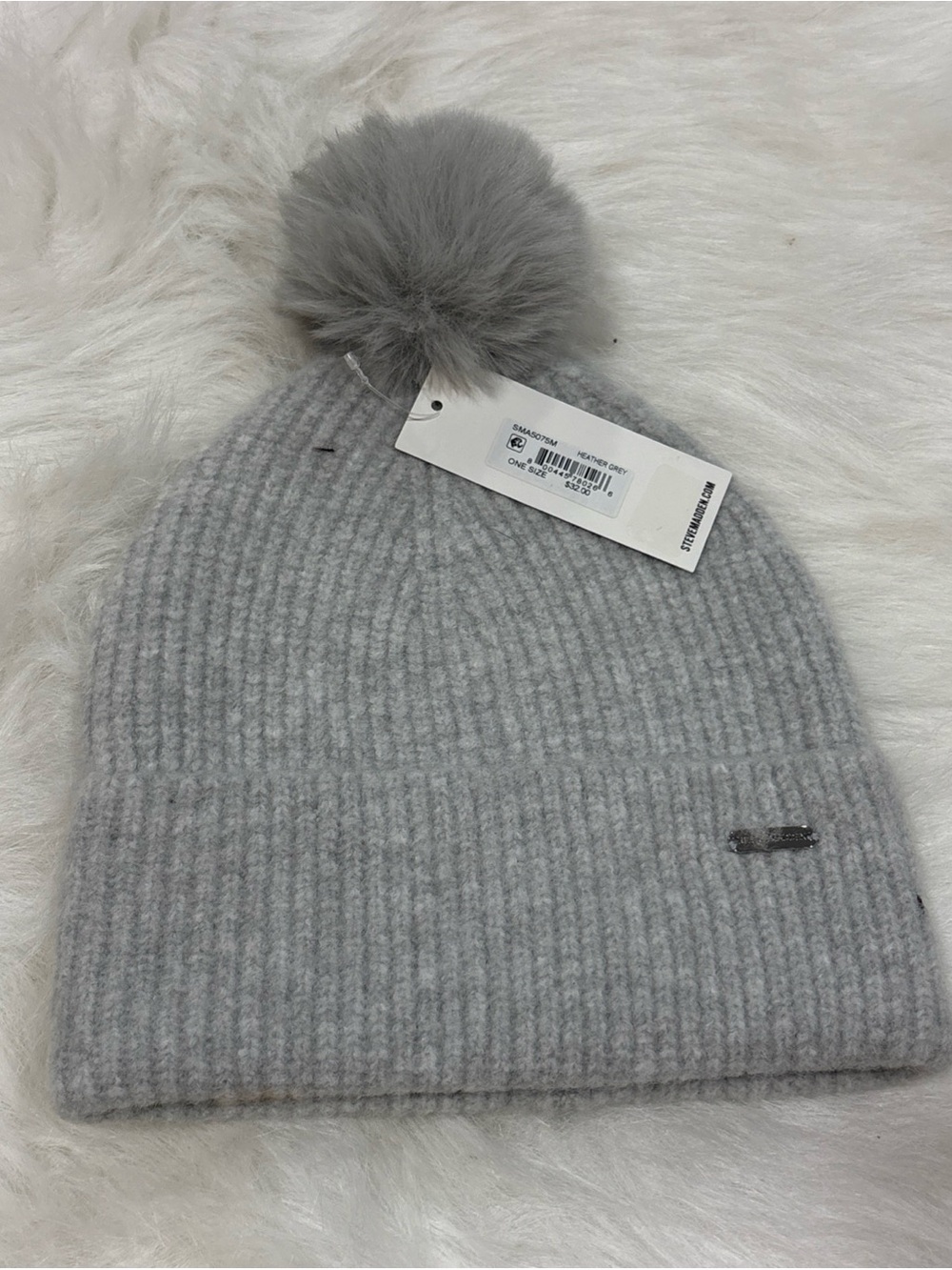 Steve Madden Women's Wide Cuff Beanie with Pom. Grey One Size.